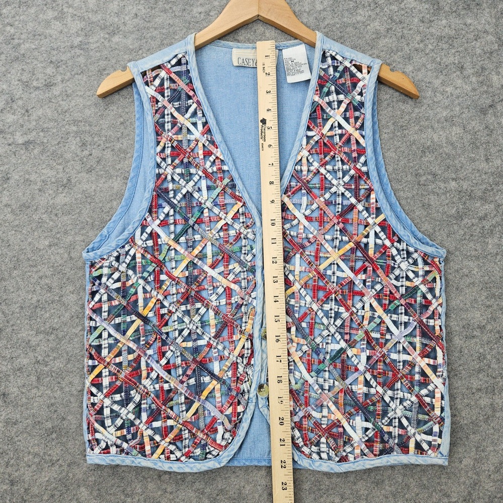 Casey & Max Women's Blue Denim Vest Size M Cotton Woven Lattice Patchwork V-Neck - Picture 5 of 6